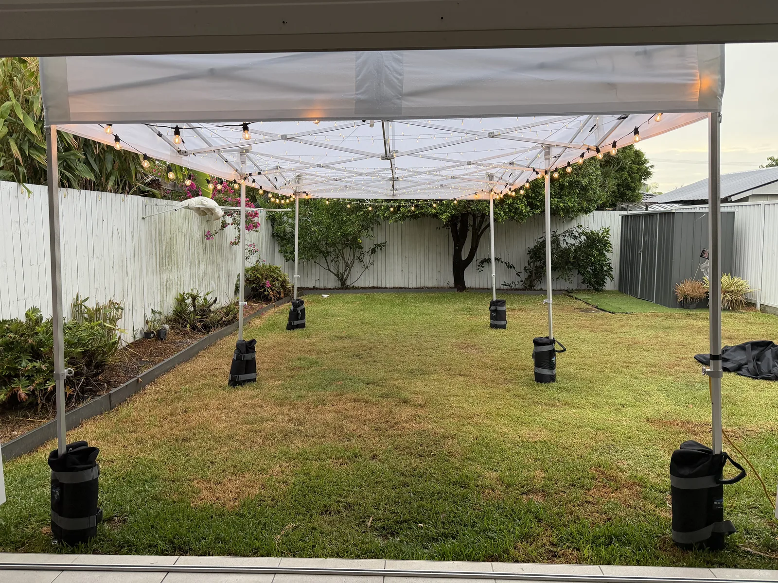 Backyard party tent with festoon lighting at dusk