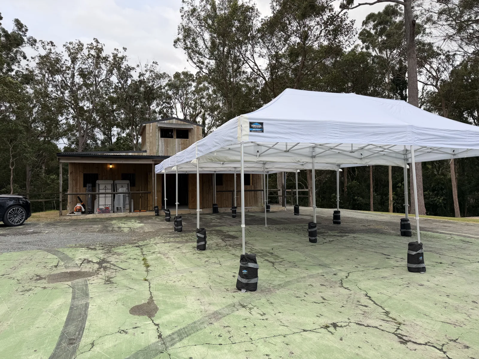 Long run of joined white gazebos installed for an event on the Gold Coast